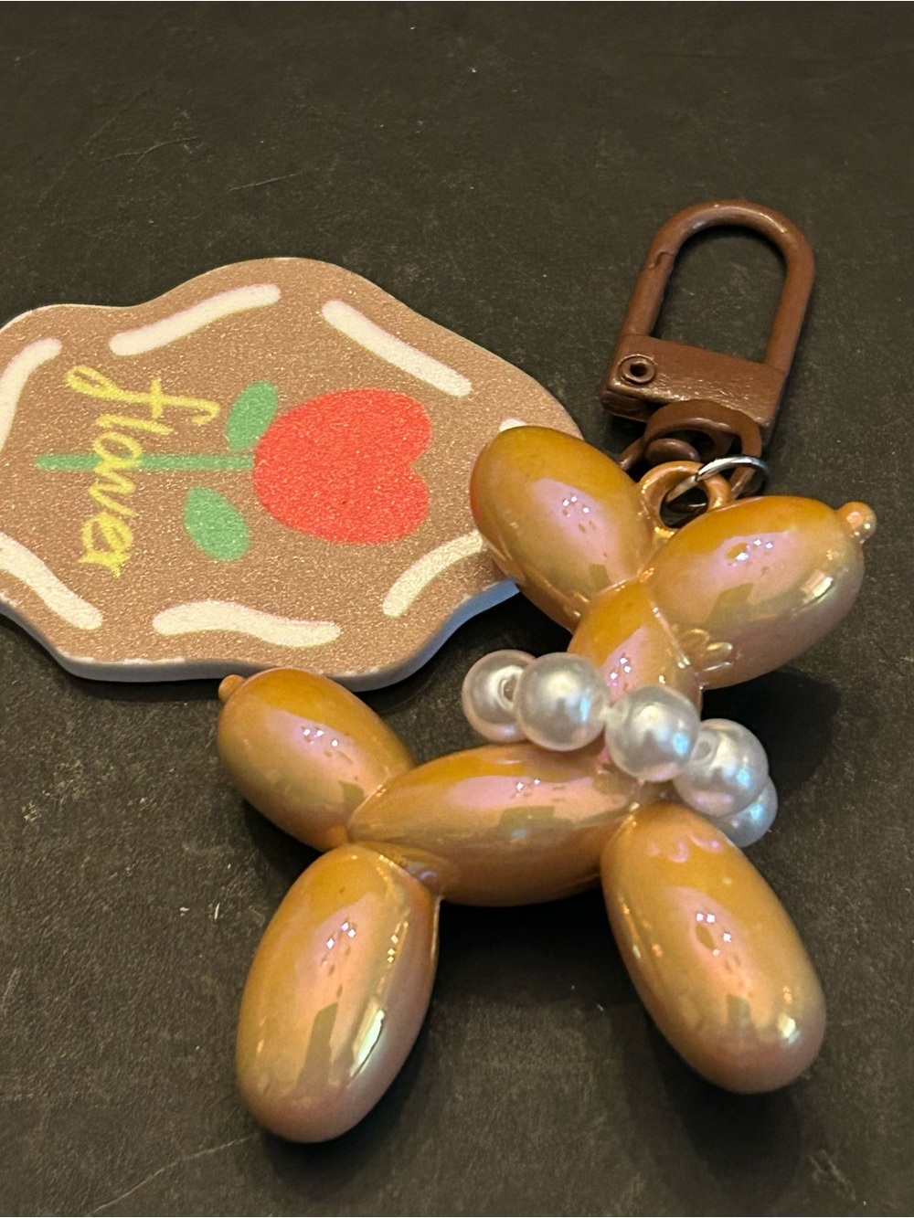 Mint Beige or Brown Balloon Dog Keychain Zipper Pull with Flower Tag NWT - Picture 3 of 8